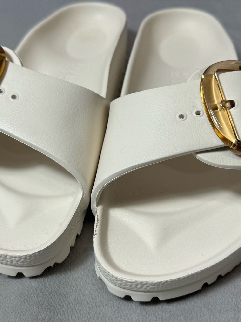Birkenstock White Madrid EVA Slide with Gold Buckles - Picture 2 of 9